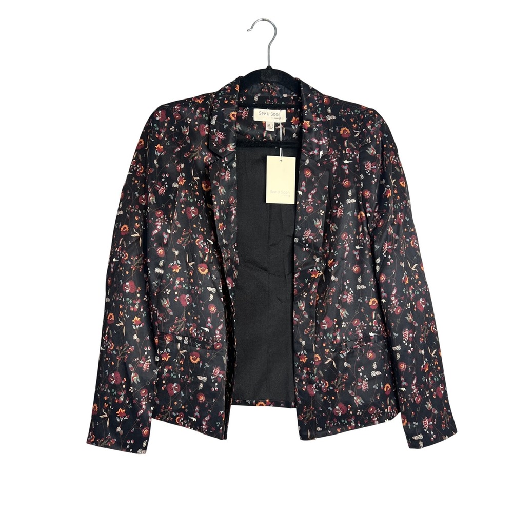 See U Soon Dark Floral Blazer Sz S Satin‎ Open Front Lightweight Romantic NWT